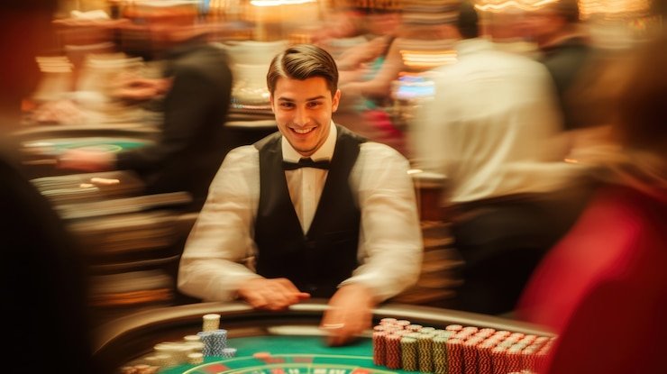 Antarmuka permainan live dealer dengan pemain di meja baccarat, dealer profesional, dan statistik real-time